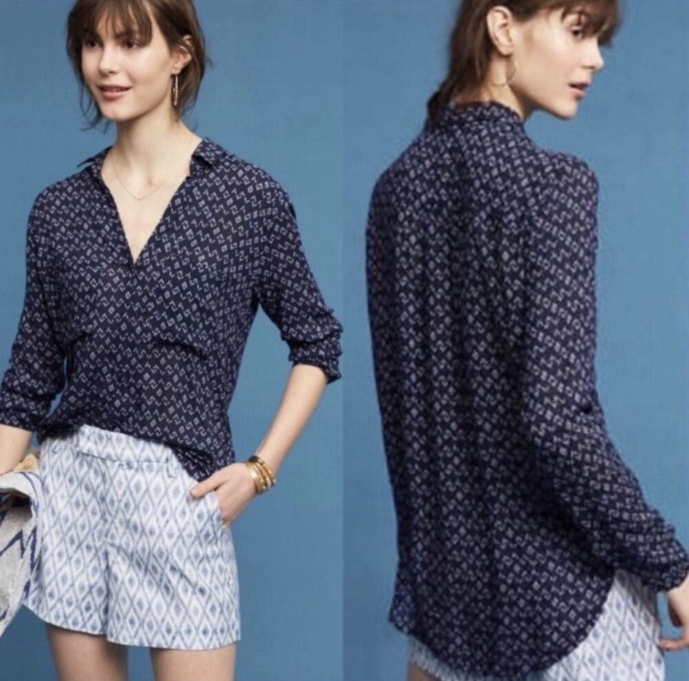 Anthropologie Cloth & Stone Navy Blue Geo Print Blouse Top Womens Size Medium